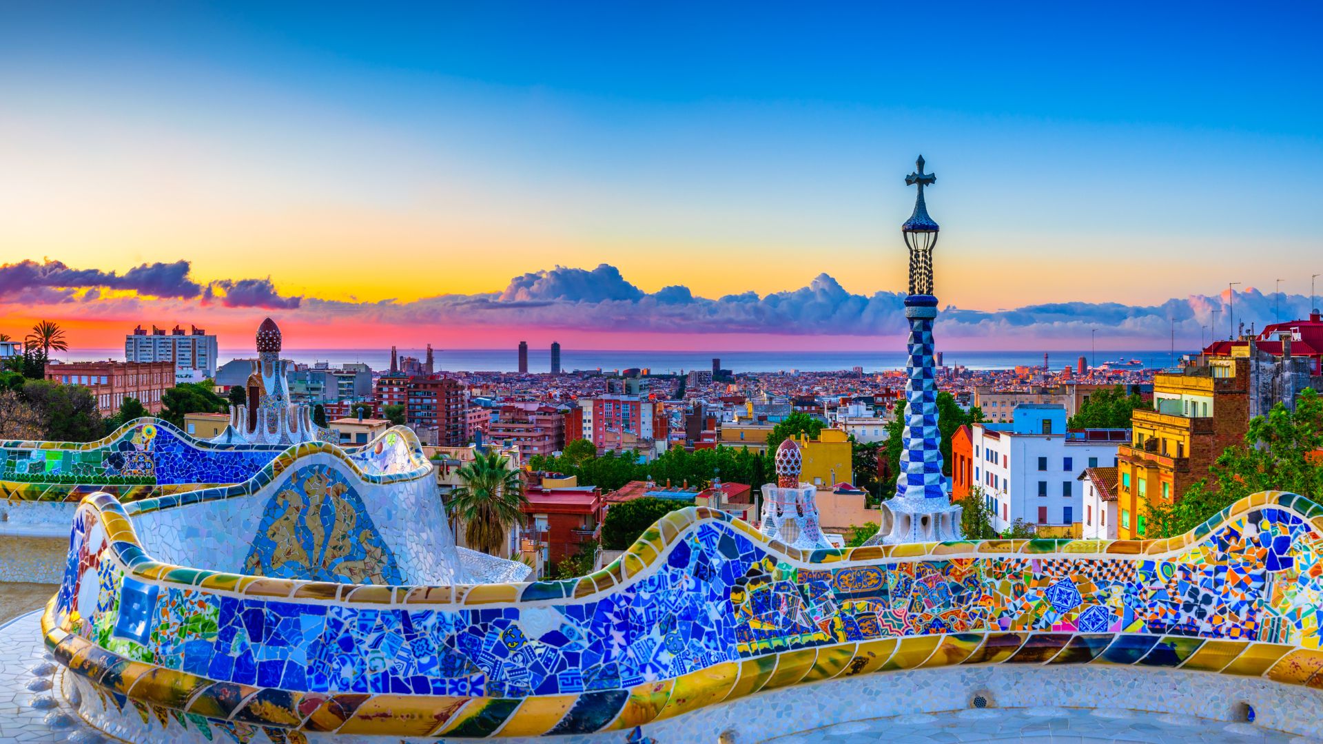 Skyline panorama of Barcelona, Spain at sunrise